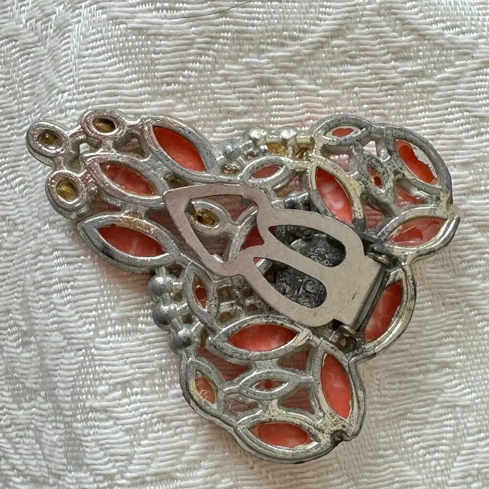 Vintage AJ Signed Rhinestone Coral Glass Dress Clip Brooch Marbled Stones